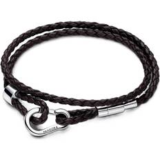 Brown - Women Bracelets Pandora Moments Brown Braided Double Leather Bracelet 15