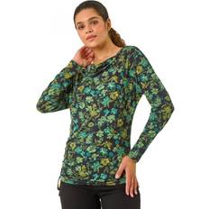 Florals - Women Blouses Roman Ruched Cowl Neck Floral Top - Green