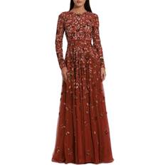 Mac Duggal Embellished High Neck Long Sleeve A-Line Gown - Burnt Orange