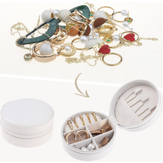 Unique Bargains Travel Jewelry Box for Women Girls Birthday Gifts, Round Portable PU Leather Jewelry Organizer Case for Earring Necklace White (10x10x5cm)