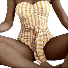 Stripes Swimsuits OBMEIFU Women Striped Strapless One Piece Swimsuit - Yellow
