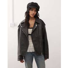 Motel Distressed Faux Leather Biker Jacket - Black