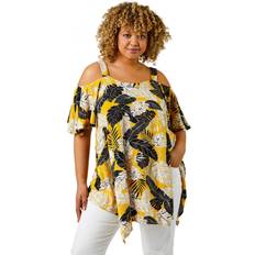 Yellow Blouses Tropical Leaf Print Cold Shoulder Top - Yellow