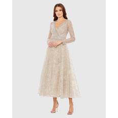 Mac Duggal Embellished Wrap Over Long Sleeve Midi Dress - Taupe