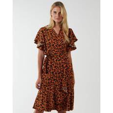 Blue Vanilla Leopard Print Wrap Ruffle Midi Dress - Rust