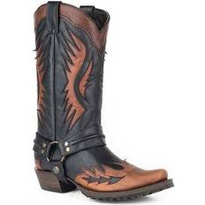 Biker Outlaw Toe Lug Sole Cowboy Boots - Tan/Black