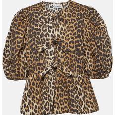 Leopard - Women Tops Ganni Womens Leopard Puff-Sleeve Peplum-Hem Organic-Cotton Blouse - Multicolore