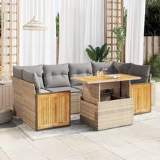 vidaXL 7-tlg Garten-Sofagarnitur mit Kissen Beige Poly Rattan Lounge-Set