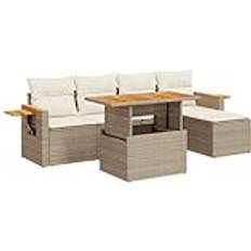Rattan Patio Dining Sets vidaXL 6-Tlg Garten-Sofagarnitur Mit Kissen Beige Poly Rattan Akazie Essgruppe, 1 Tisch einschl. 6 Stühle
