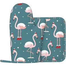 Kll Elegant Flamingo Christmas Hat Oven Gloves Pot Holder Black