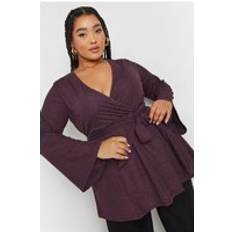 Purple - Women Blouses Yours Textured Flare Sleeve Wrap Top - Purple