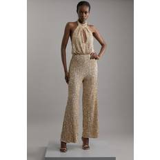 Gold Jumpsuits & Overalls Karen Millen Halter Jersey Stretch Sequin Wide Leg Jumpsuit - Gold