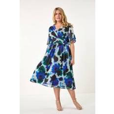 Clothing Curve Abstract Print Stretch Mesh Wrap Dress - Blue