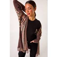 Polyurethane - Woman Coats Roman Patterned Fringe Hem Cardigan - Brown