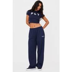 PrettyLittleThing Navy Contrast Binding Wide Leg Joggers - Blue