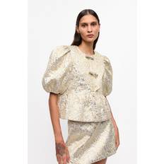 Silver - Women Tops Ganni Peplum Tie String Blouse - Gold/Silver