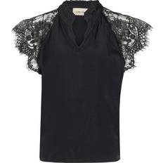 Cream XL Lace Blouse with V-Neck and Lace Sleeves - Black