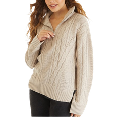 Knitted Sweaters - Women Jumpers Brave Soul Half Zip Cable Knit Jumper - Stone