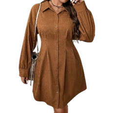 Shein Vcay Plus Size Cinched Waist V-Neck Shirt Dress Casual Vintage Dress For Fall/Winter