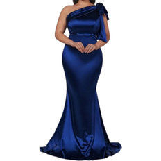 Elegant dresses for women Shein Belle Plus Size Asymmetrical Neck Elegant Satin Formal Evening Dress With Bowknot Detail, Navy (Highly Decorated)