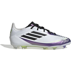 Hvite Fotballsko Adidas Junior Messi F50 Pro Firm Ground Boots - Cloud White/Core Black/Purple