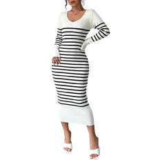 Shein Frenchy Women's Ribbed V-Neck Long Sleeve Ribbed Sweater Dress