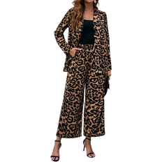 Shein Women Trousers Shein Clasi Leopard Print Coat & Wide Leg Pants