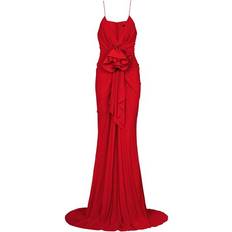 Balmain Midi Dresses Balmain Floral Appliqué Pleated Gown - Red