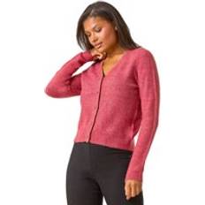 Pink - Women Cardigans Roman Shimmer V-Neck Ribbed Cardigan - Rose