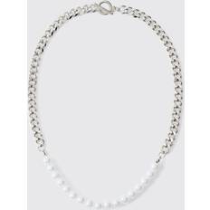 boohooMAN Mens Cuban Link Pearl Chain Grey One
