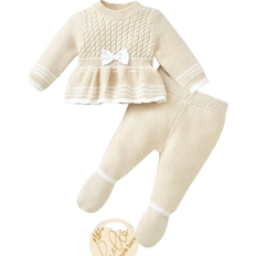 Children's Clothing Shein 2pcs Apricot Casual Cute Bow Round Neck Sweater & Tights Set For Baby Girls