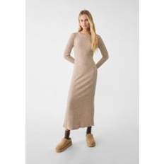 Brown - Midi Dresses Stradivarius Langärmliges Midikleid Aus Angerautem Stoff - Beige/Neutral