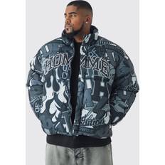 6XL Jackets boohooMAN Plus Printed Funnel Neck Mesh Puffer Jacket - Black