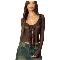 Mesh - Women Blouses Edikted Sheer Mesh Ruffled Top - Brown