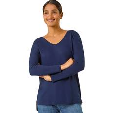 Viscose Blouses Roman V-Neck Tunic Stretch Top - Navy