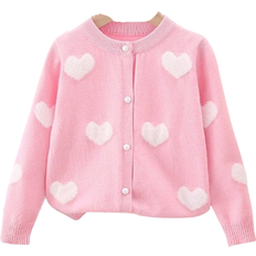 Shein Young Girls' Knitted Cardigan For Spring 2024, Water Mink Love Shaped Jacquard Core Yarn Sweater Coat