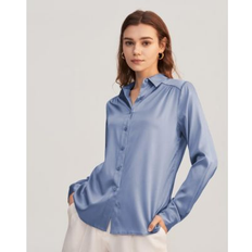 LilySilk Long Sleeves Collared Silk Blouse - Azure