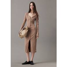 Calvin Klein Bruna Klänningar Calvin Klein Slim Ribbed Buttoned Maxi Dress - Taupe