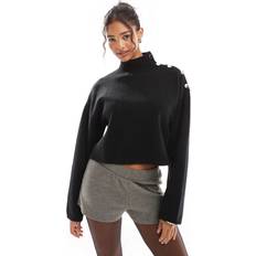 Gold - Women Jumpers Bershka Gold Button Detail High Neck Jumper - Black