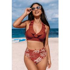 Bikini Sets Cupshe Ruffled Halter Bikini Top and Tropical Bottoms Set - Red