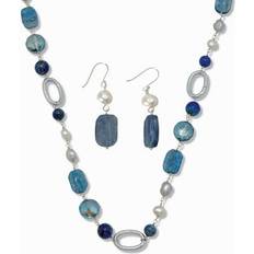 Pearl Jewelry Sets Women's Genuine Blue Sodalite and Cultured Freshwater Pearl Silvertone Jewelry Set by PalmBeach Jewelry in Blue (Size ONE SIZE)