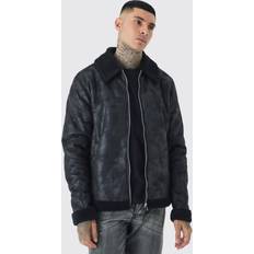 boohooMAN Plus Faux Suede Aviator Jacket - Black