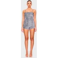 Silver - Women Jumpsuits & Overalls PrettyLittleThing Strappy Sequin Hot Pant Romper - Silver