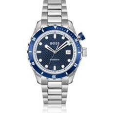 BOSS Silver-Tone Automatic Watch Blue Monogram-Textured Dial