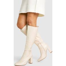 PrettyLittleThing High Block Heel Knee Western Boots - White