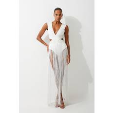 White Swimsuits Karen Millen Bandage V Neck Cut Out Fringed Swimsuit - Ivory