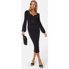 Square V-neck Puff Sleeve Midi Dress - Black