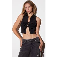 PrettyLittleThing Tops PrettyLittleThing Ribbed Tie Front Long Top - Black