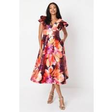 Coast Frill Shoulder Plunge Twill Midi Dress - Multi