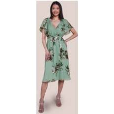 Long Dresses - Short Sleeves Goddiva Floral Printed Flutter Sleeve Chiffon Midi Dress - Pale Green